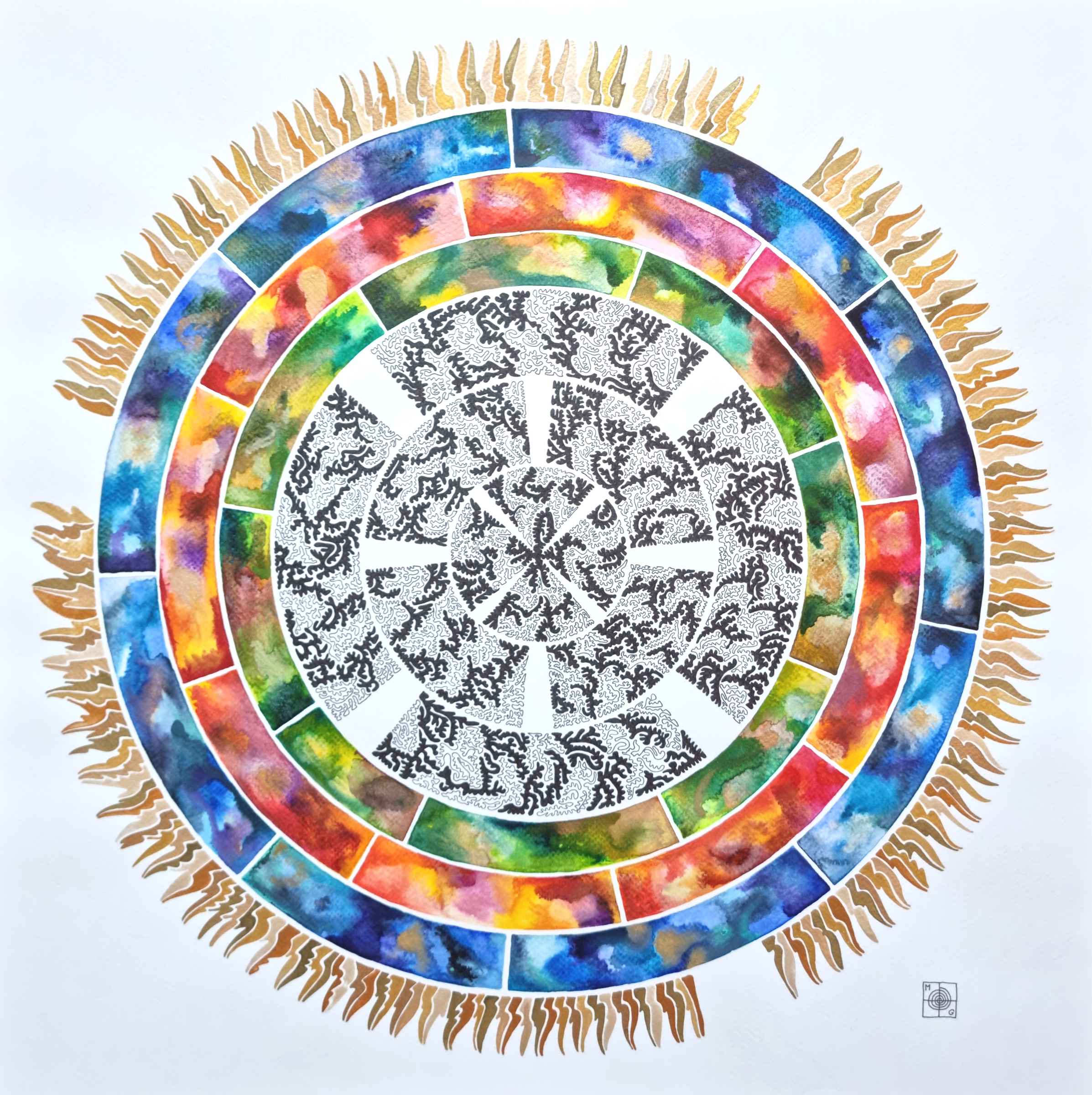 Aquarelle abstraite contemporaine, dessin liner noir, rouge, vert, bleu. Format : 50 x 50 cm. Full image