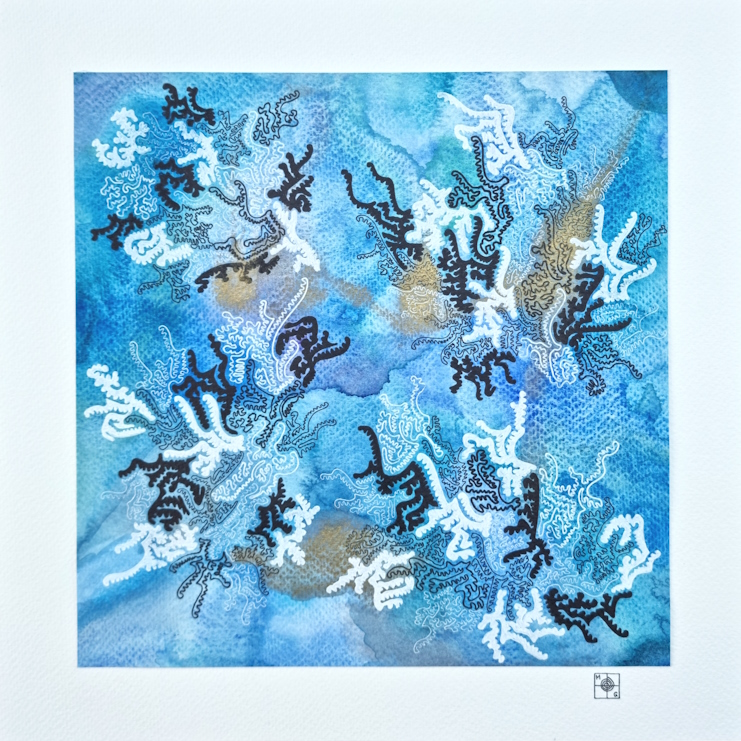 Aquarelle abstraite contemporaine, Bleu, noir blanc et doré. Format 30 x 30 cm. Full image