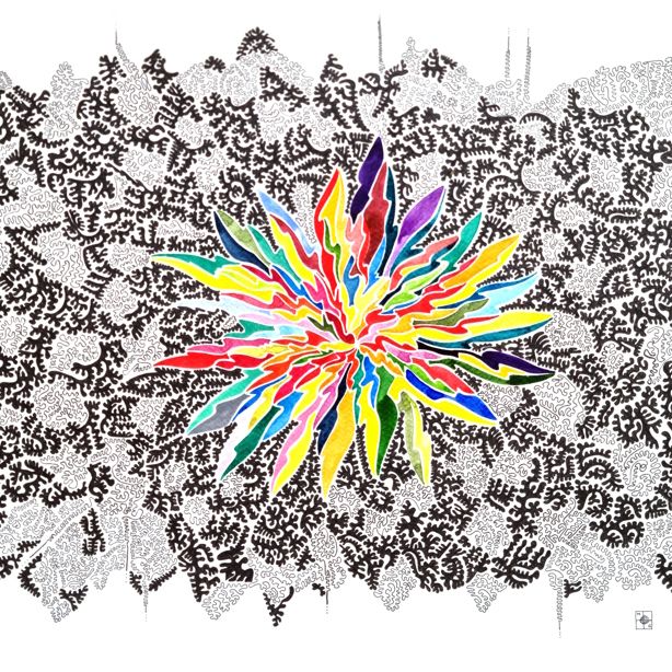 aquarelle et dessin abstrait contemporain, noir et blanc et multicolore, 35 x 50 cm. Full image