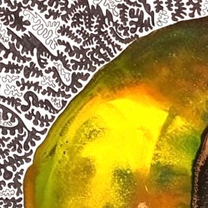 aquarelle et dessin abstrait contemporain, noir et blanc et orange, bleu et vert, 58 x 43,5 cm. Extrait 1