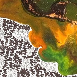 aquarelle et dessin abstrait contemporain, noir et blanc et orange, bleu et vert, 58 x 43,5 cm. Extrait 2