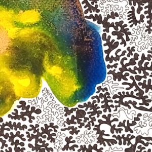 aquarelle et dessin abstrait contemporain, noir et blanc et orange, bleu et vert, 58 x 43,5 cm. Extrait 3