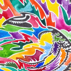 aquarelle et dessin abstrait contemporain, noir et blanc et multicolore. Format 50 x 70 cm. Extrait 1