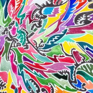 aquarelle et dessin abstrait contemporain, noir et blanc et multicolore. Format 50 x 70 cm. Extrait 2