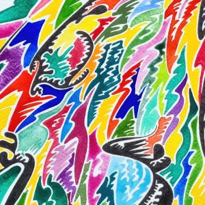 aquarelle et dessin abstrait contemporain, noir et blanc et multicolore. Format 50 x 70 cm. Extrait 3