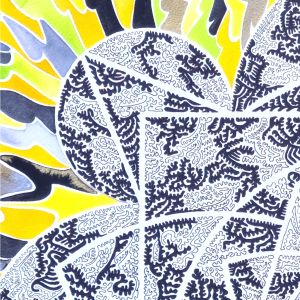 Aquarelle abstraite contemporaine, dessin liner noir, jaune et noir. Format : 100 x 100 cm. Extrait 1