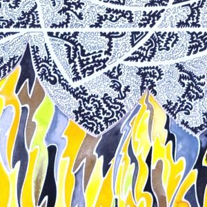 Aquarelle abstraite contemporaine, dessin liner noir, jaune et noir. Format : 100 x 100 cm. Extrait 2