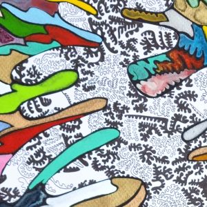 Aquarelle abstraite contemporaine et dessin, noir et blanc et multicolore. Format 54,5 x 74,5 cm, Extrait 1