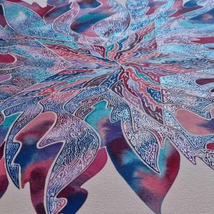 Aquarelle abstraite contemporaine, couelrus magenta et bleu, filigrane couleur or blanc. Format 62 x 62 cm. Extrait 1