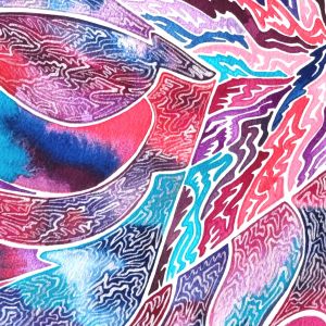 Aquarelle abstraite contemporaine, couelrus magenta et bleu, filigrane couleur or blanc. Format 62 x 62 cm. Extrait 2