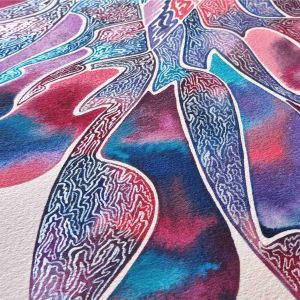 Aquarelle abstraite contemporaine, couelrus magenta et bleu, filigrane couleur or blanc. Format 62 x 62 cm. Extrait 3