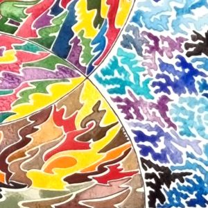 Aquarelle abstraite contemporaine. Bleu et multicolore. Format 56 x 76 cm. Extrait 2