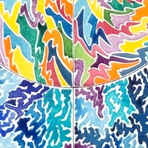 Aquarelle abstraite contemporaine. Bleu et multicolore. Format 56 x 76 cm. Extrait 3