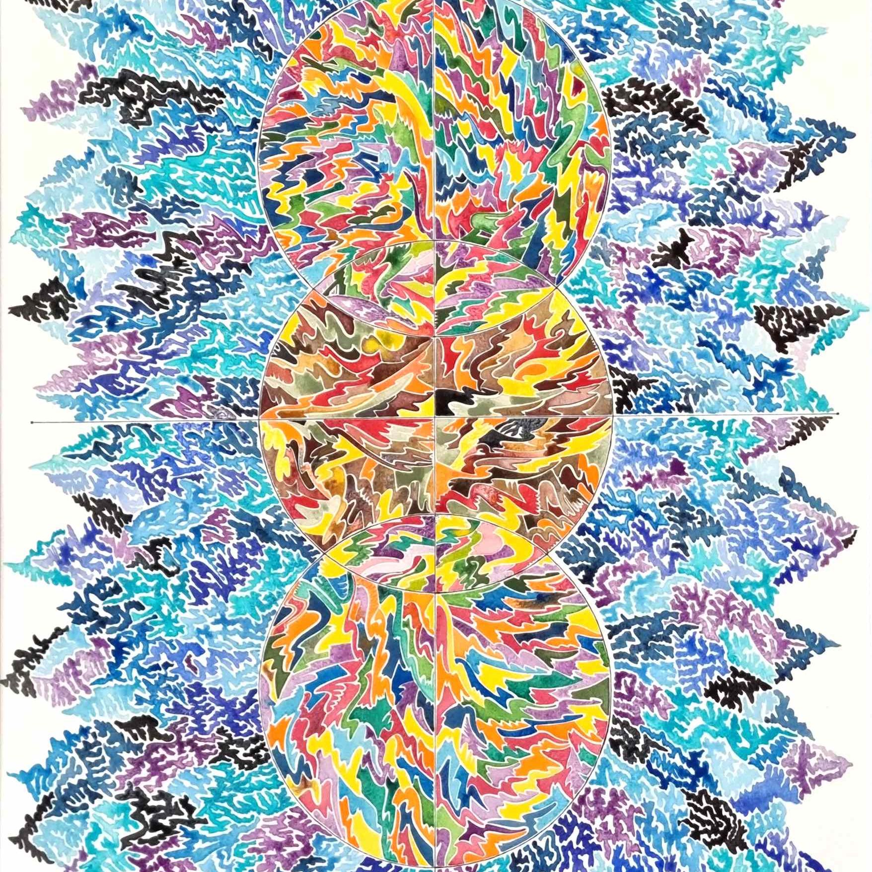 Aquarelle abstraite contemporaine. Bleu et multicolore. Format 56 x 76 cm. Full image