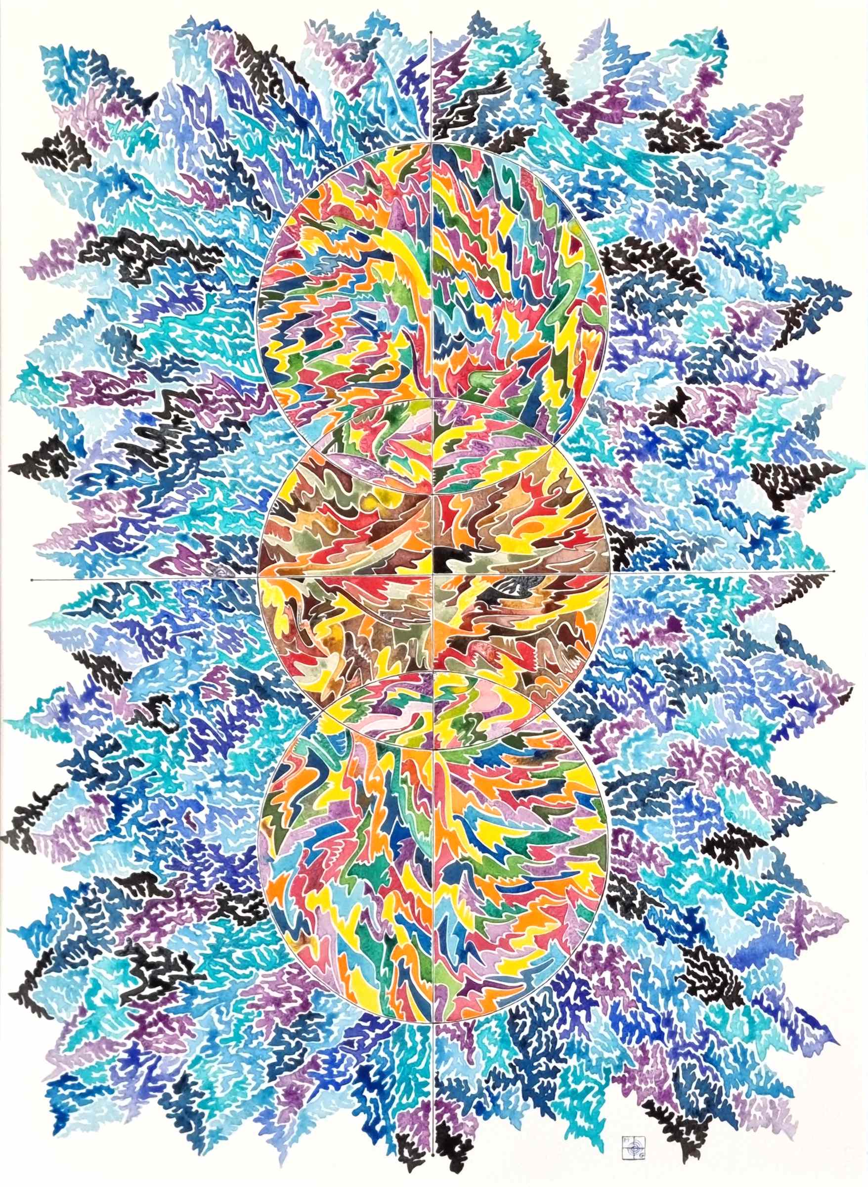 Aquarelle abstraite contemporaine. Bleu et multicolore. Format 56 x 76 cm. Full image