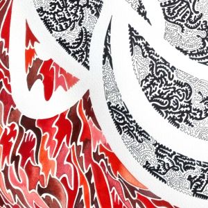 Aquarelle abstraite contemporaine, dessin liner noir, rouge et noir. Format : 112 x 89 cm. Extrait 1