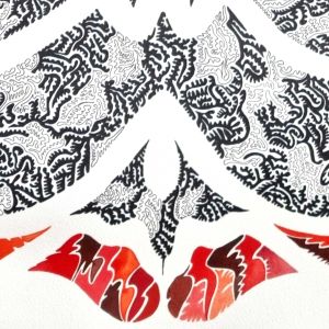 Aquarelle abstraite contemporaine, dessin liner noir, rouge et noir. Format : 112 x 89 cm. Extrait 2