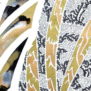 aquarelle abstraite contemporaine, liner noir, doré, noir, gris. Format 50 x 70 cm. Extrait 1