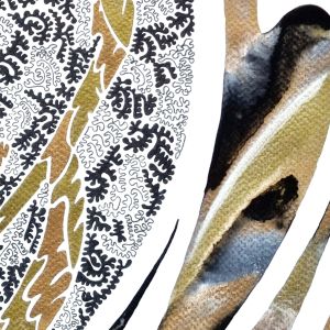 aquarelle abstraite contemporaine, liner noir, doré, noir, gris. Format 50 x 70 cm. Extrait 2