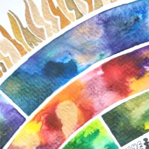 Aquarelle abstraite contemporaine, dessin liner noir, rouge, vert, bleu. Format : 50 x 50 cm. Extrait 1