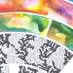 Aquarelle abstraite contemporaine, dessin liner noir, rouge, vert, bleu. Format : 50 x 50 cm. Extrait 2