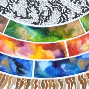 Aquarelle abstraite contemporaine, dessin liner noir, rouge, vert, bleu. Format : 50 x 50 cm. Extrait 3