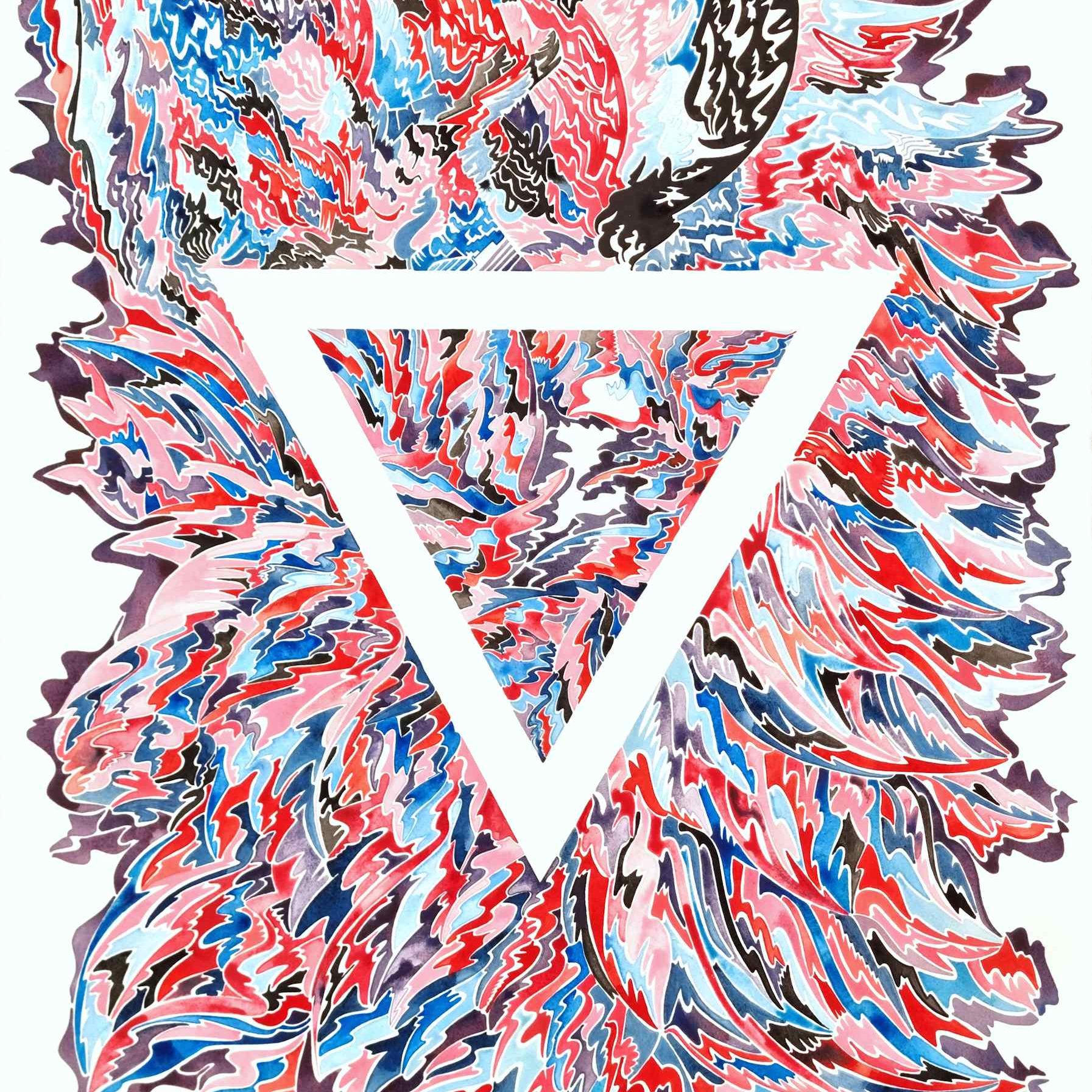 Aquarelle abstraite contemporaine. Rouge, bleu et noir. Format 56 x 76 cm. Full image