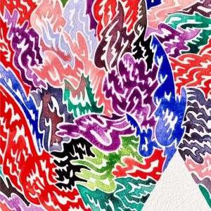 Aquarelle abstraite contemporaine. Rouge, bleu et rose. Format 56 x 76 cm. Extrait 1