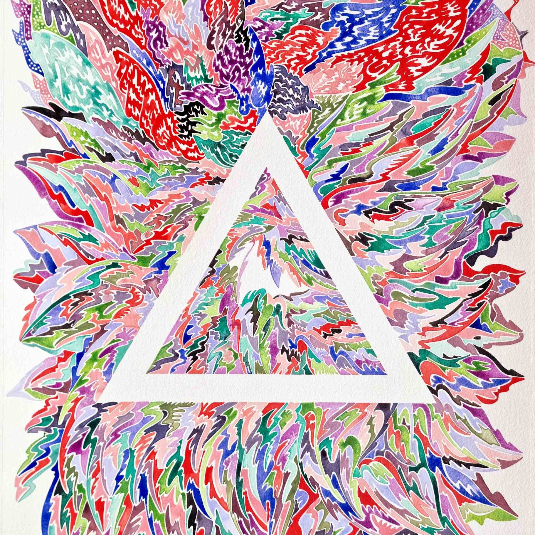 Aquarelle abstraite contemporaine. Rouge, bleu et rose. Format 56 x 76 cm. Full image