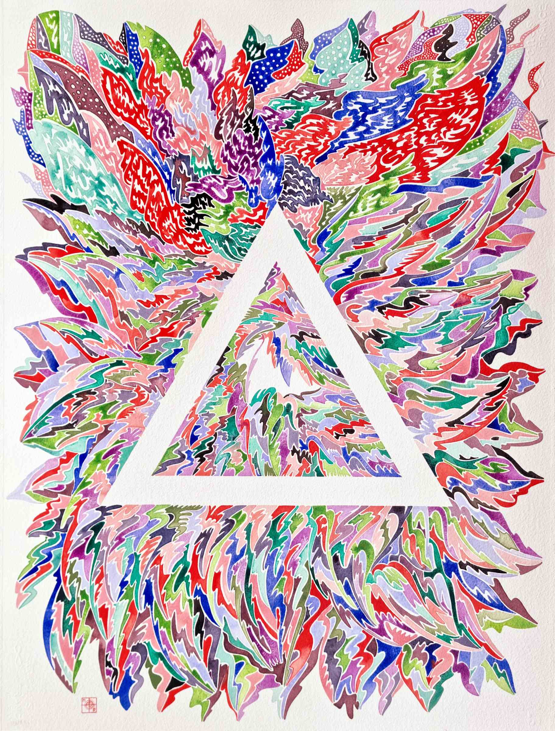 Aquarelle abstraite contemporaine. Rouge, bleu et rose. Format 56 x 76 cm. Full image