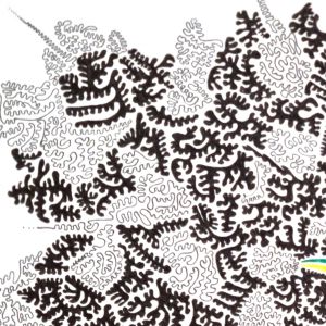 aquarelle et dessin abstrait contemporain, noir et blanc et multicolore, 35 x 50 cm. Extrait 1