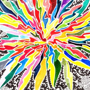 aquarelle et dessin abstrait contemporain, noir et blanc et multicolore, 35 x 50 cm. Extrait 2