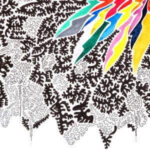 aquarelle et dessin abstrait contemporain, noir et blanc et multicolore, 35 x 50 cm. Extrait 3