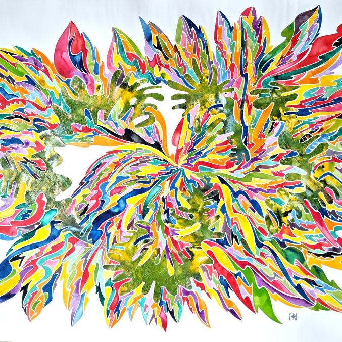 Aquarelle abstraite contemporaine. Multicolore. Format 113 x 90 cm. Full image