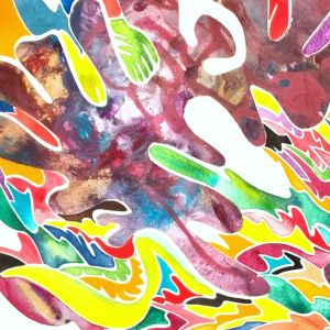 Aquarelle abstraite contemporaine. Muticolore. Format 113 x 113 cm. Extrait 1