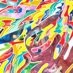 Aquarelle abstraite contemporaine. Muticolore. Format 113 x 113 cm. Extrait 2