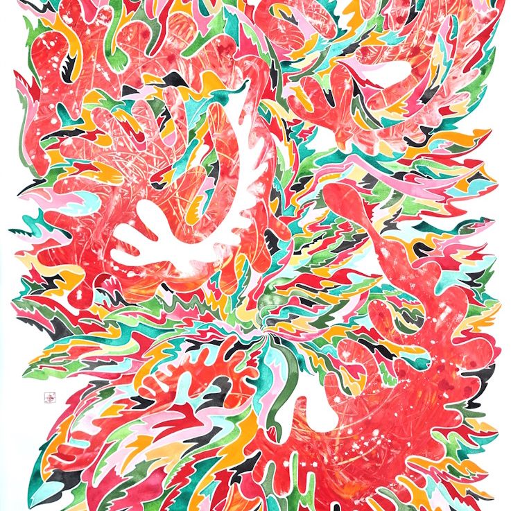 Aquarelle abstraite contemporaine. Rouge, orange, vert. Format 82 x 113 cm. Full image