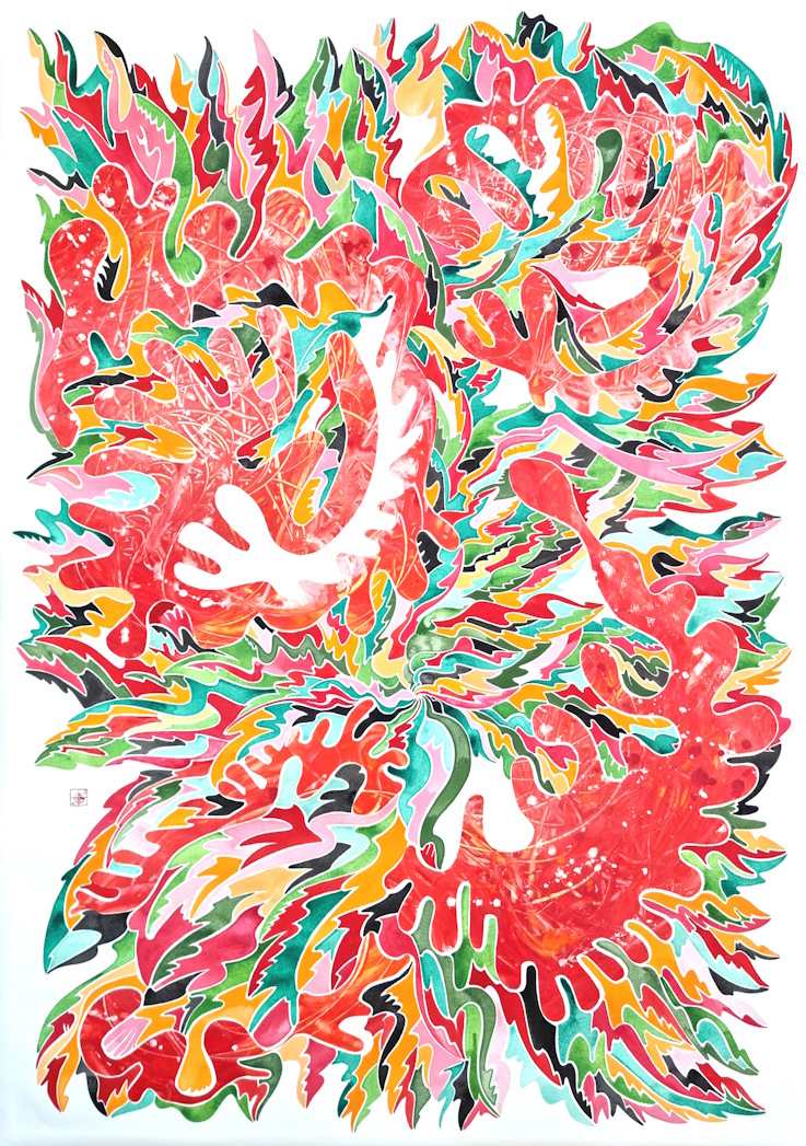 Aquarelle abstraite contemporaine. Rouge, orange, vert. Format 82 x 113 cm. Full image