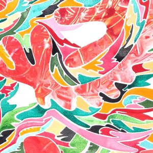 Aquarelle abstraite contemporaine. Rouge, orange, vert. Format 82 x 113 cm. Extrait 2