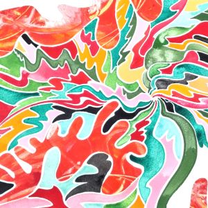 Aquarelle abstraite contemporaine. Rouge, orange, vert. Format 82 x 113 cm. Extrait 3