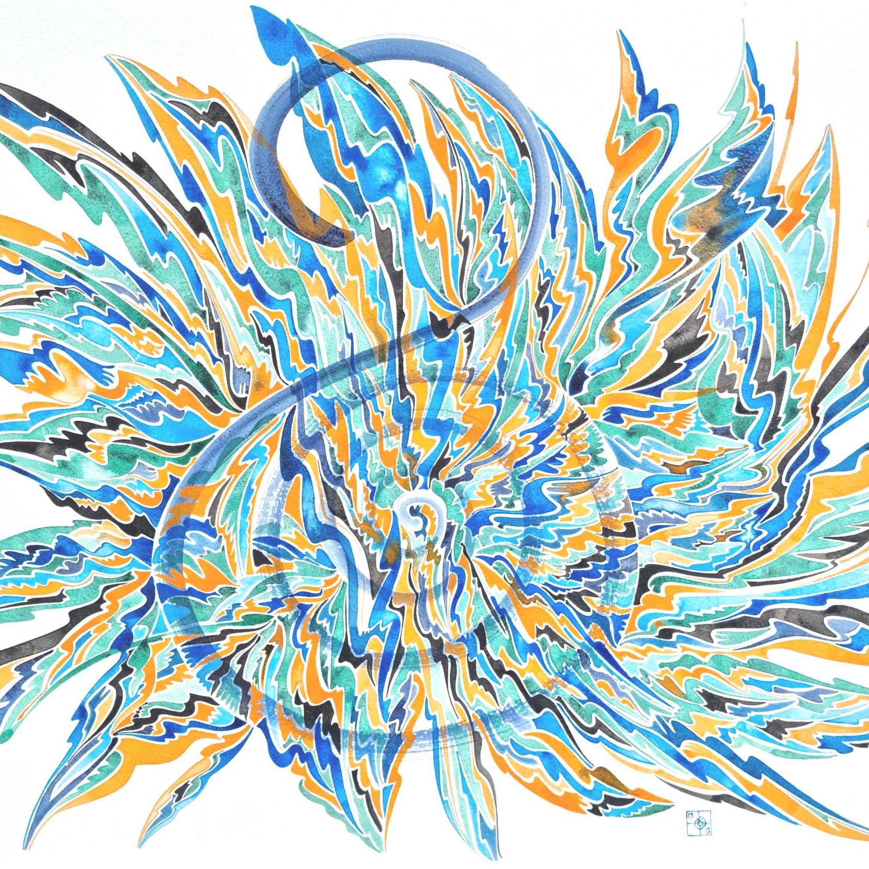 L'effet miroir - Murielle Ginestet Aquarelle abstraite contemporaine. Noir, orange, bleu. Format 76 x 56 cm. Full image