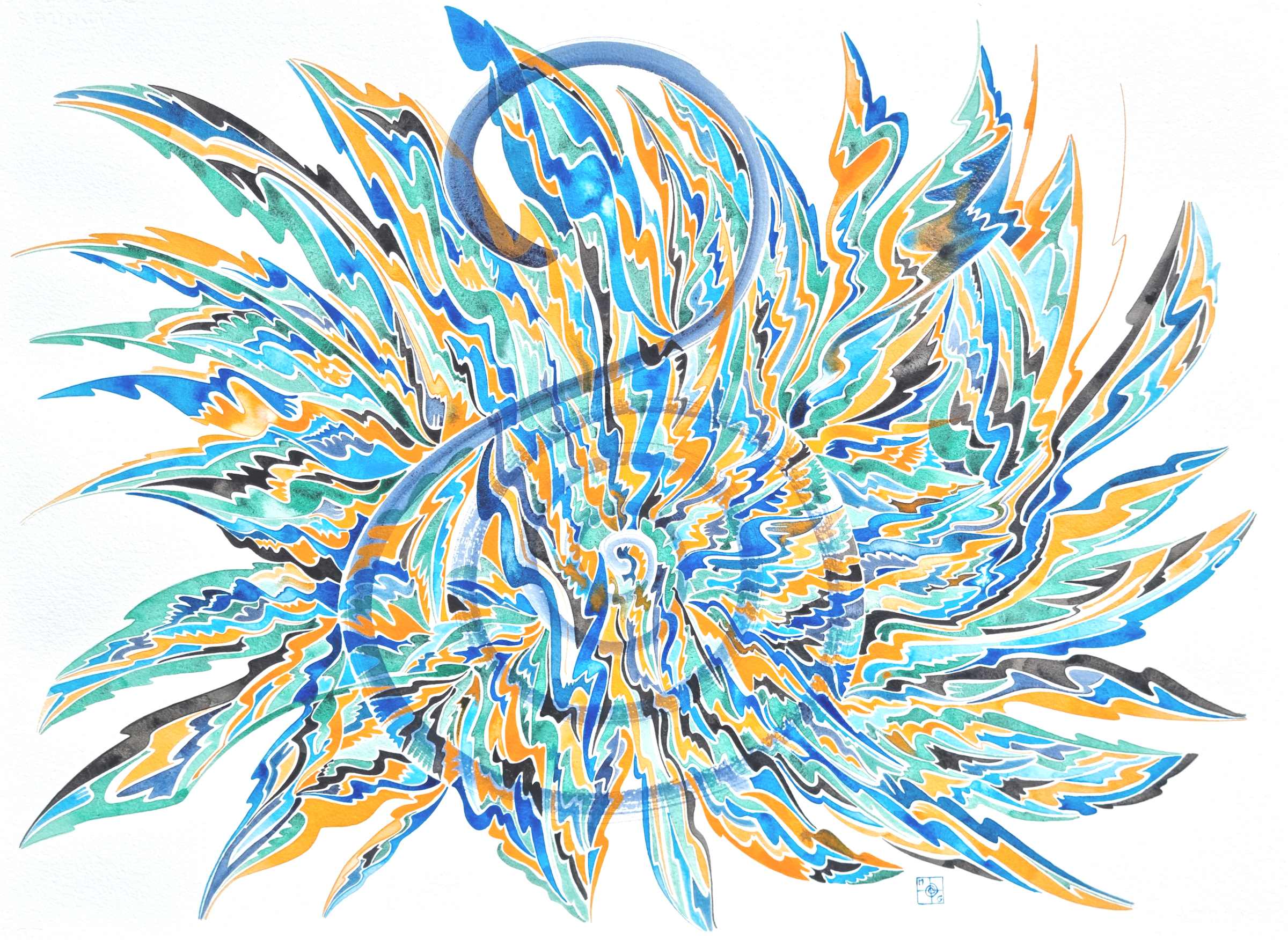 Aquarelle abstraite contemporaine. Noir, orange, bleu. Format 76 x 56 cm. Full image