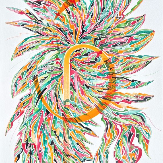 Les trésors de Vulna réduite Aquarelle abstraite contemporaine. Noir, orange, vert. Format 56 x 76 cm. Full image