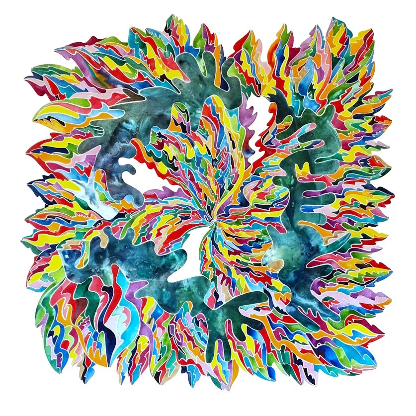 Mémoires revue réduite Aquarelle abstraite contemporaine. Muticolore. Format 110 x 110 cm. Full image