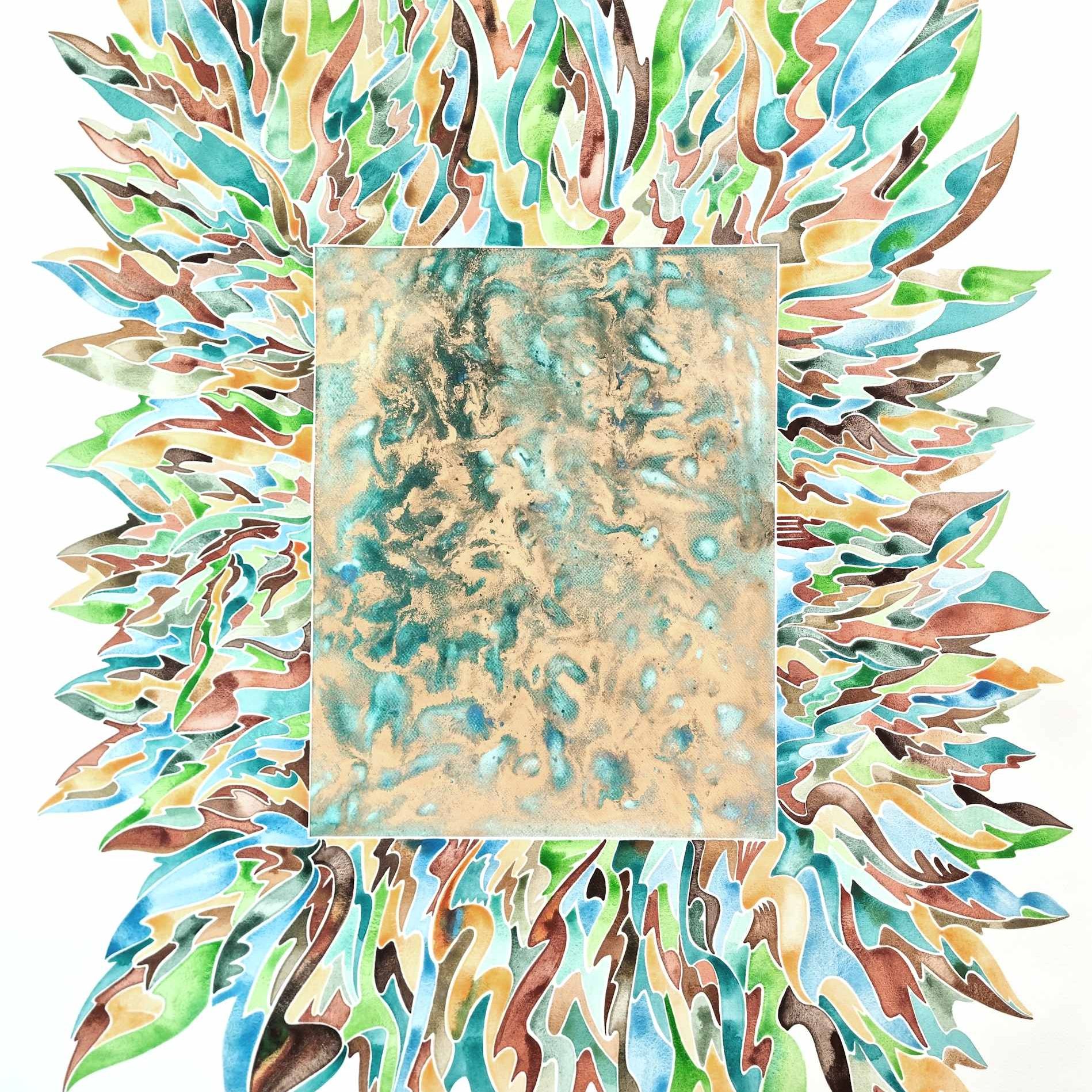 Aquarelle abstraite contemporaine. Ocres, vert et bleu. Format 90 x 112 cm. Full image
