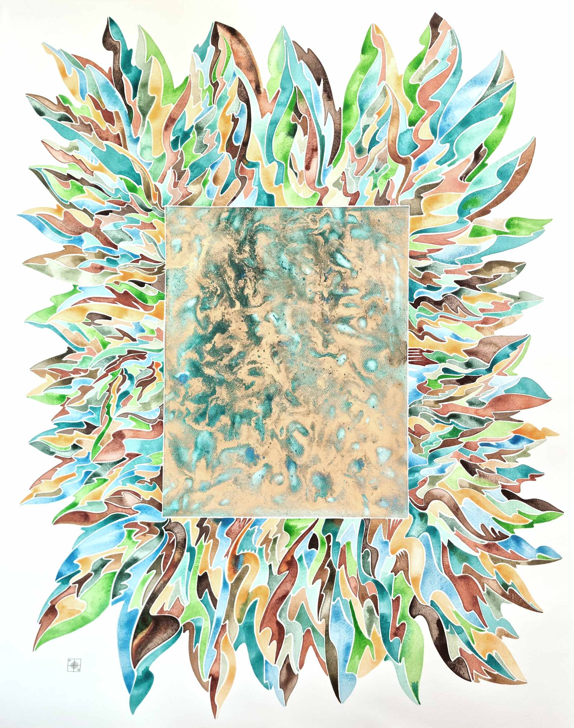 Aquarelle abstraite contemporaine. Ocres, vert et bleu. Format 90 x 112 cm. Full image