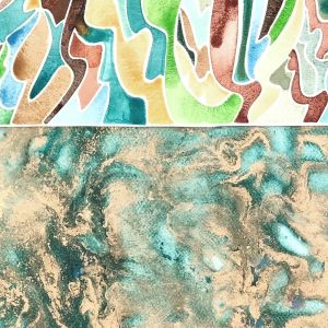 Aquarelle abstraite contemporaine. Ocres, vert et bleu. Format 90 x 112 cm. Extrait 1