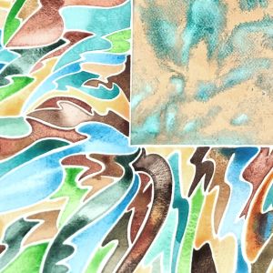 Aquarelle abstraite contemporaine. Ocres, vert et bleu. Format 90 x 112 cm. Extrait 2