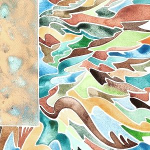 Aquarelle abstraite contemporaine. Ocres, vert et bleu. Format 90 x 112 cm. Extrait 3