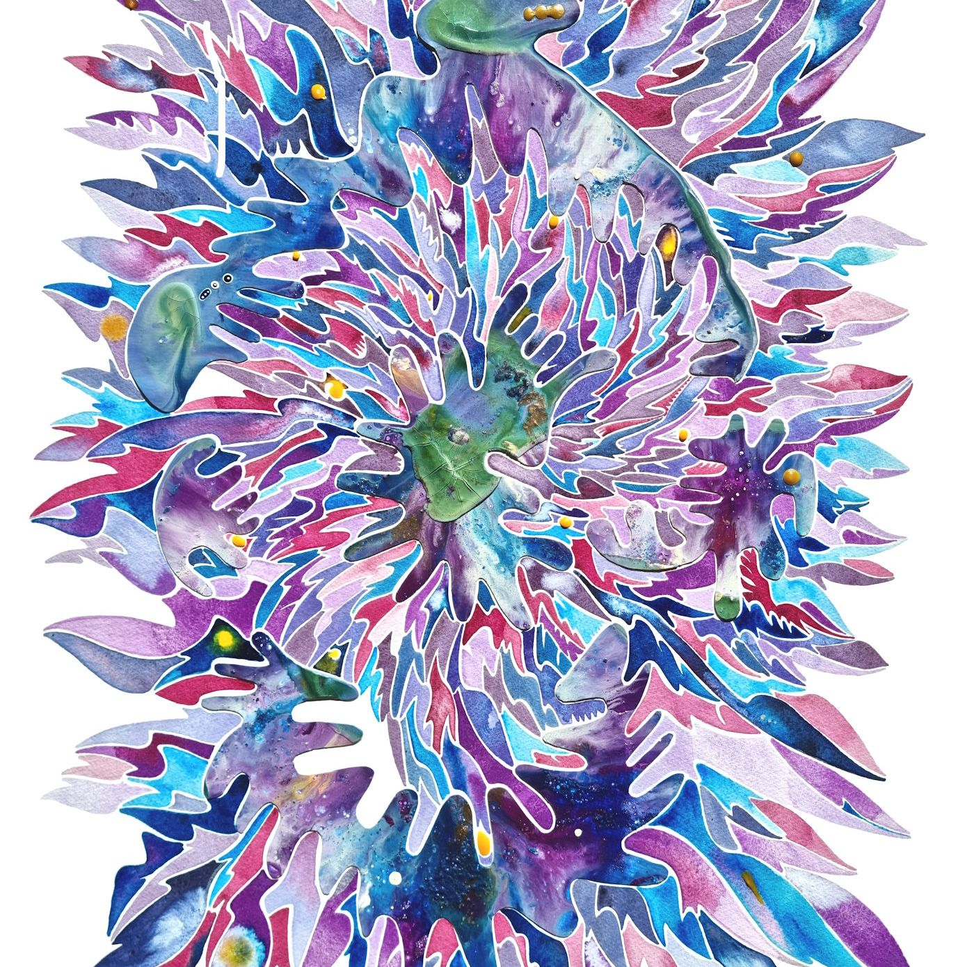 Aquarelle abstraite contemporaine. Violet bleu et rose. Format 56 x 76 cm. Full image